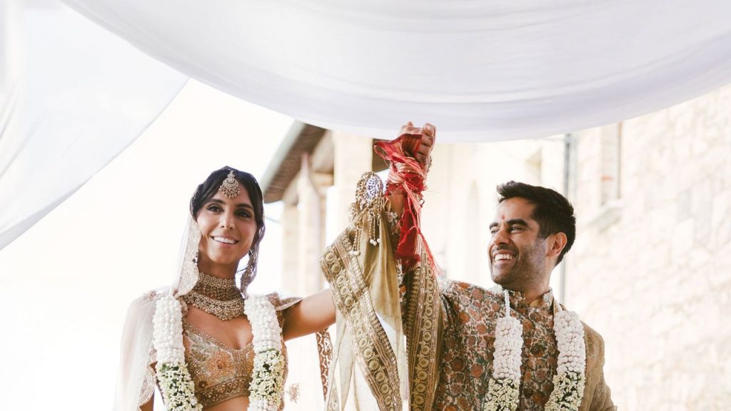Anjli Mohindra Wore A Custom Lehenga And Pre-Loved Jimmy Choos To Marry Fellow Actor Sacha Dhawan In Tuscany